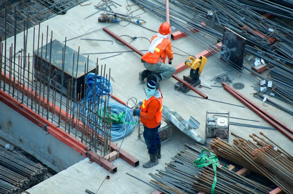 Aerial view of construction workers on a building site