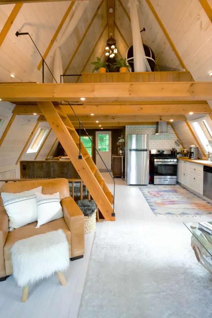 Exposed timber framing in an attic space