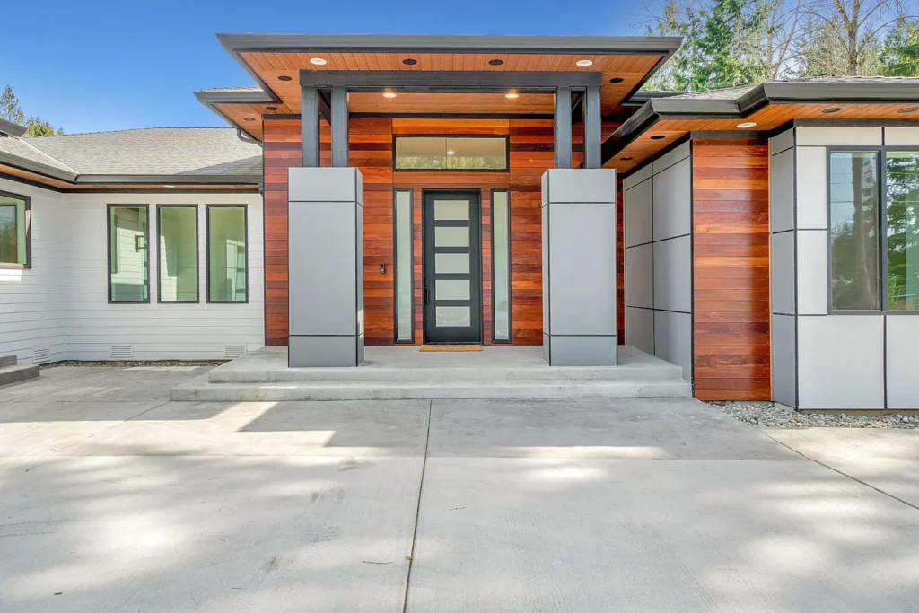 Newly built modern home and driveway